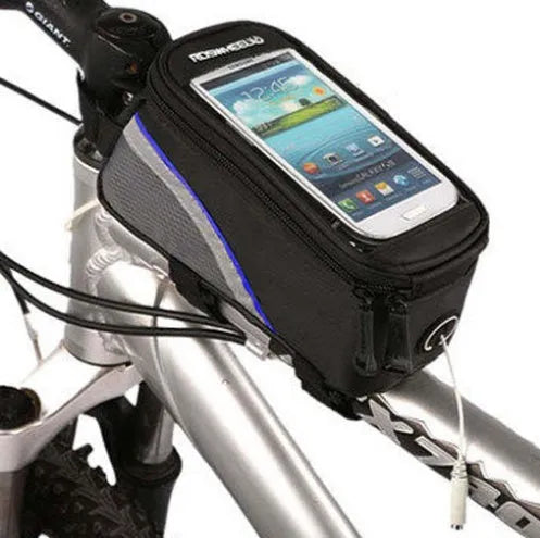 ROSWHEEL black bicycle frame bag mounted on bike, holding an iPhone, showing size scale.