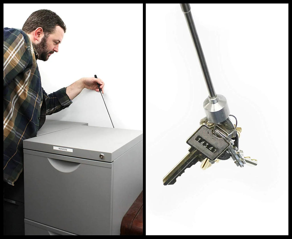 Stainless steel retractable magnetic pickup tool extended to 53cm with permanent magnet head on black background
