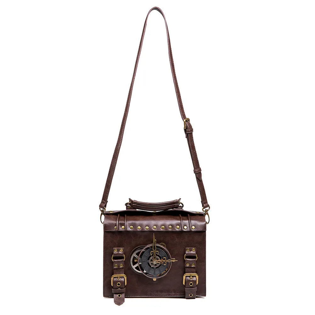 Bronze steampunk industrial retro shoulder bag with metal hardware in horizontal square pillow design