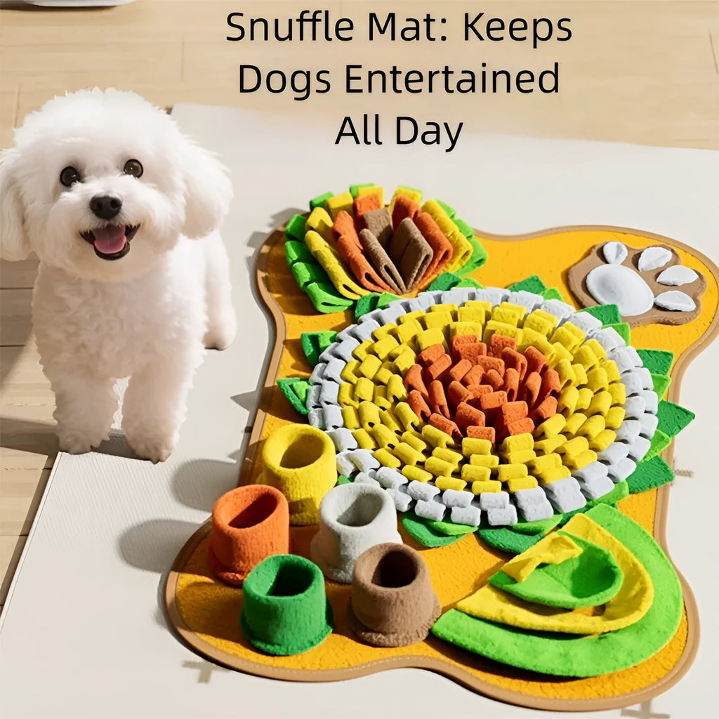 Sunflower design snuffle mat for dogs with hiding pockets and paw-shaped detail on a non-slip base