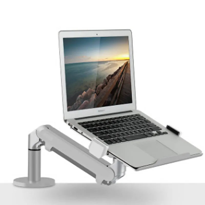 Silver aluminium alloy hover notebook air pressure arm bracket holding a laptop