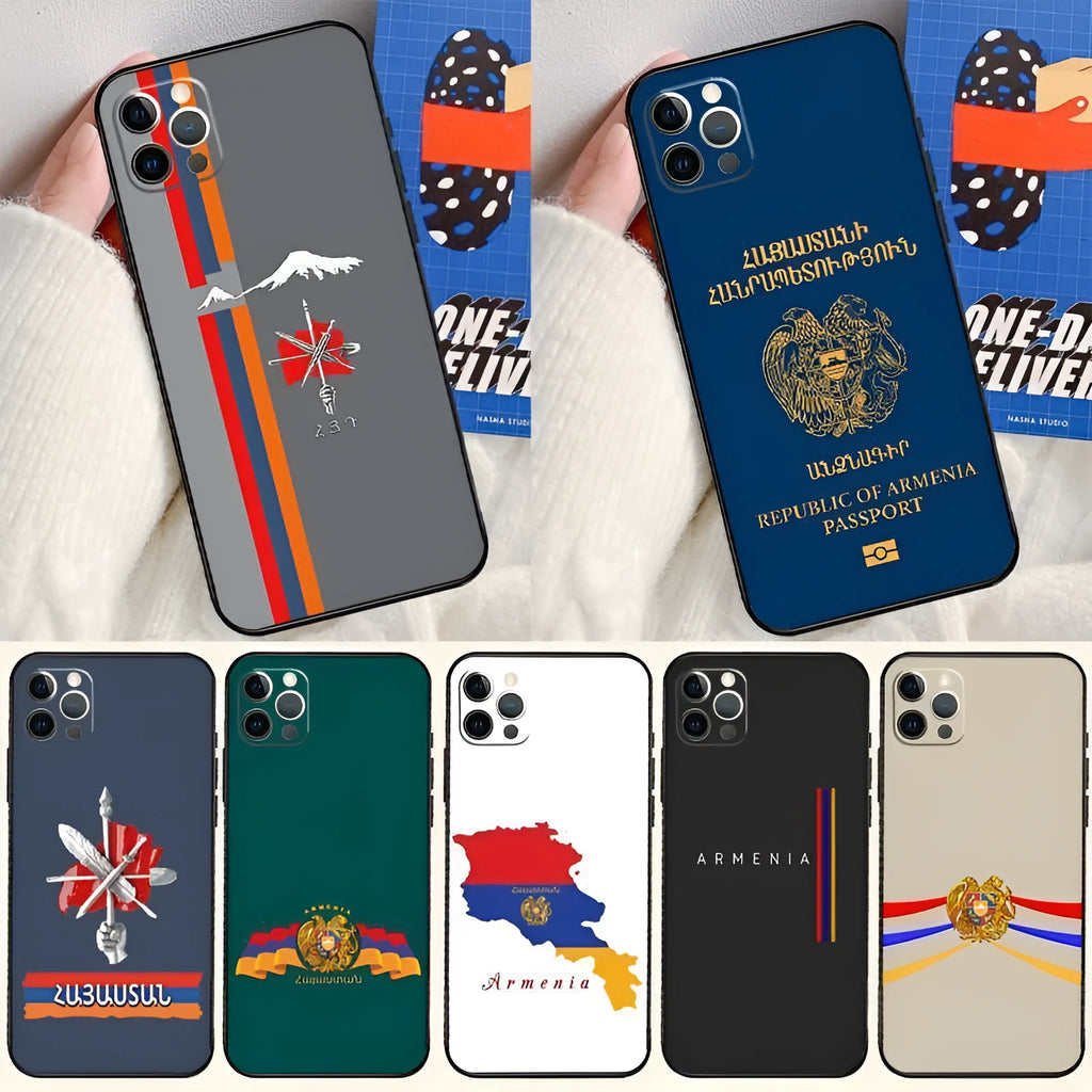 Personalised Armenian flag TPU soft shell phone case for iPhone 14 series with black base and custom colour accents