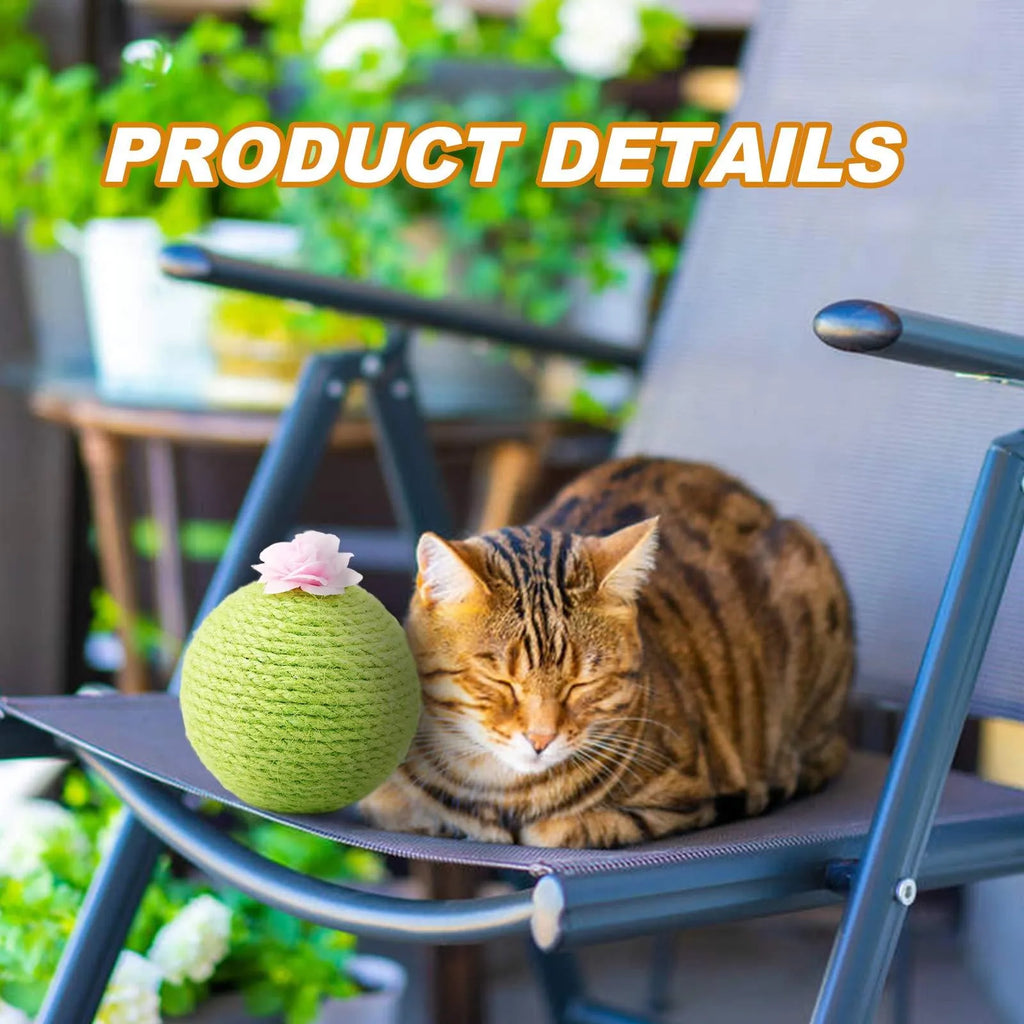 Green cactus-shaped cat scratcher tower with integrated tumbler ball and natural sisal scratching surfaces
