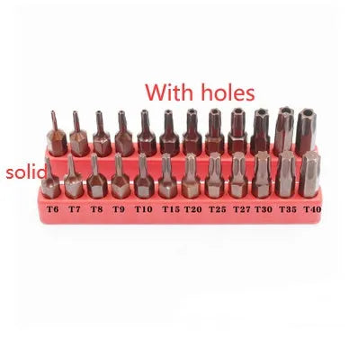 Black magnetic screwdriver bit set showing T6 to T40 sizes with hollow and solid hexagon shanks