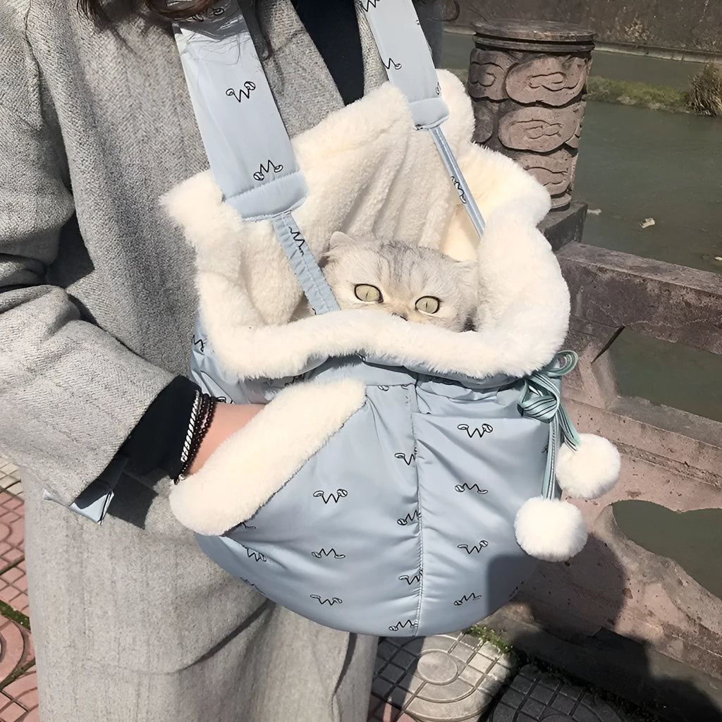 Winter pets carrier backpack in blue flannel with open design for cats and dogs outdoor travel