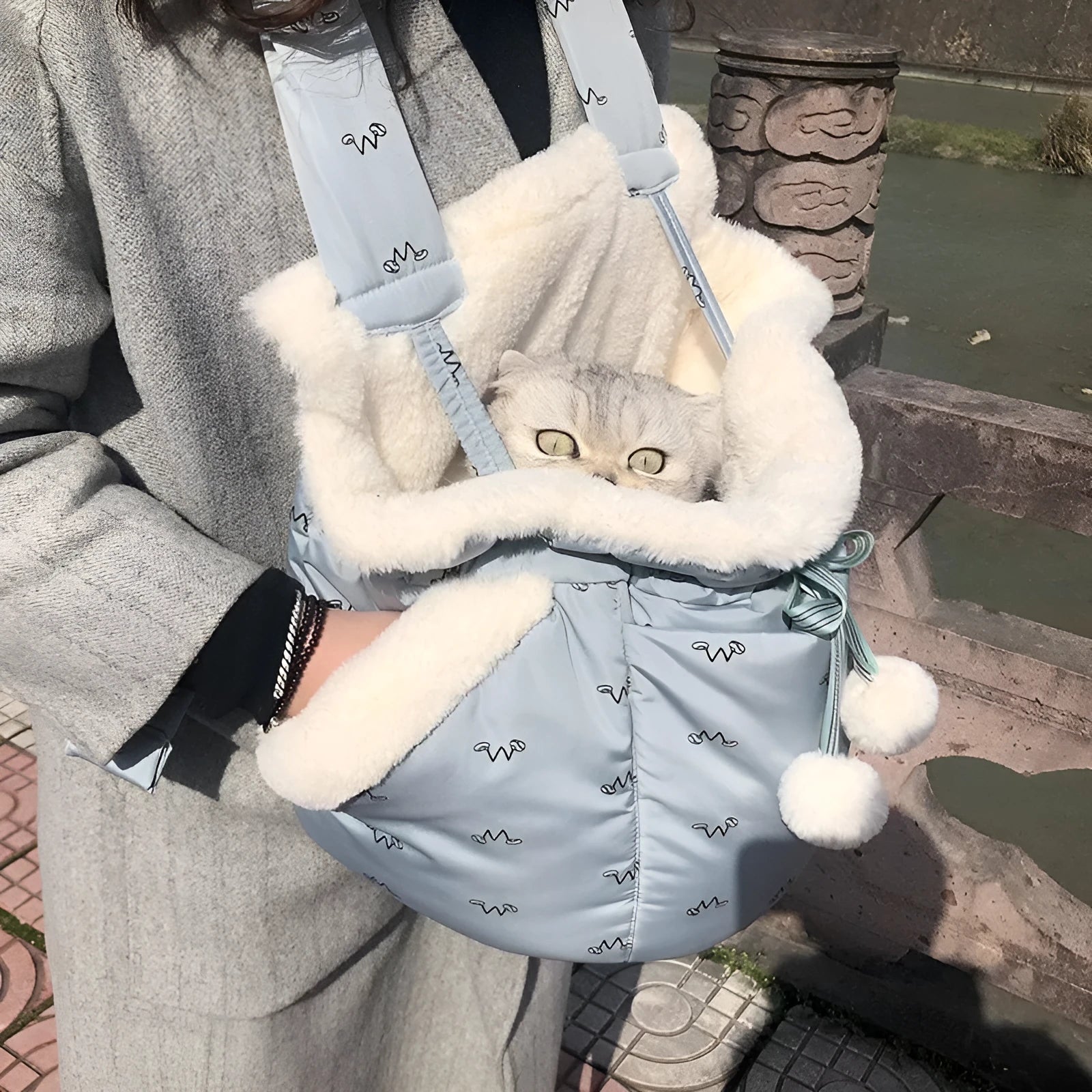 Winter pets carrier backpack in blue flannel with open design for cats and dogs outdoor travel