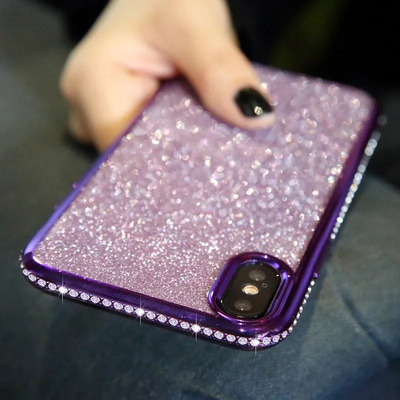Glitter rhinestone phone case for iPhone 7 Plus, 8 Plus, X, XS, 6, 6s, 6 Plus, 6s Plus in rose gold, silver, dream purple, black, red