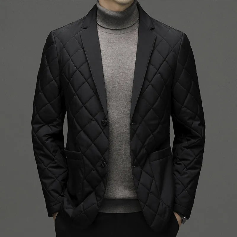 Men's black lapel down jacket with side pockets shown on model, winter cardigan coat