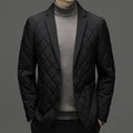 Men's black lapel down jacket with side pockets shown on model, winter cardigan coat
