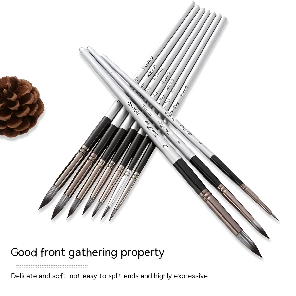 10-piece nylon hair brush set with wooden handles, silver gray rod detail, and round front tips, 20-23cm long