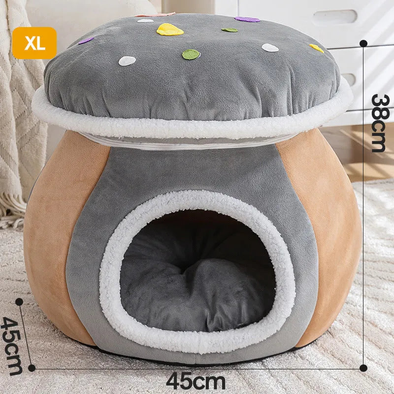 Grey mushroom-shaped plush cat bed with a detachable blanket and rabbit plush lining