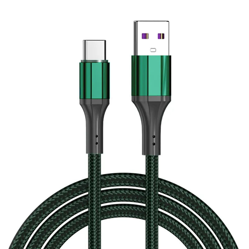 Woven nylon braided Type-C charging cable in red, black, or green colours