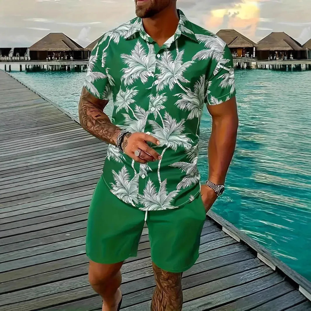 Man wearing a 3D printed Hawaiian-style short sleeve top and matching shorts, a casual polyester leisure suit.