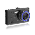 Black front and rear dual lens car dashboard camera with 4-inch touch screen display