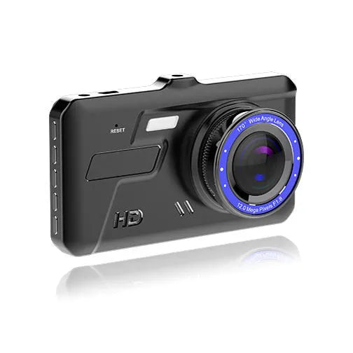 Black front and rear dual lens car dashboard camera with 4-inch touch screen display