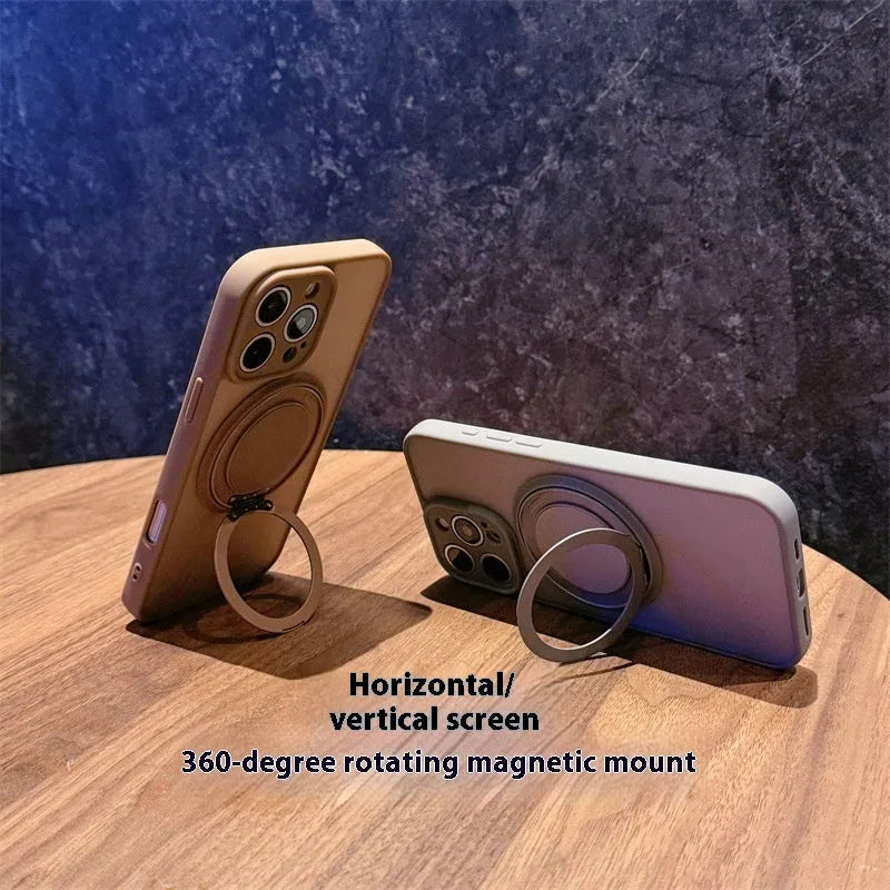 Black frosted phone case for iPhone 17 with a rotating kickstand extended and visible magnetic ring on the back.