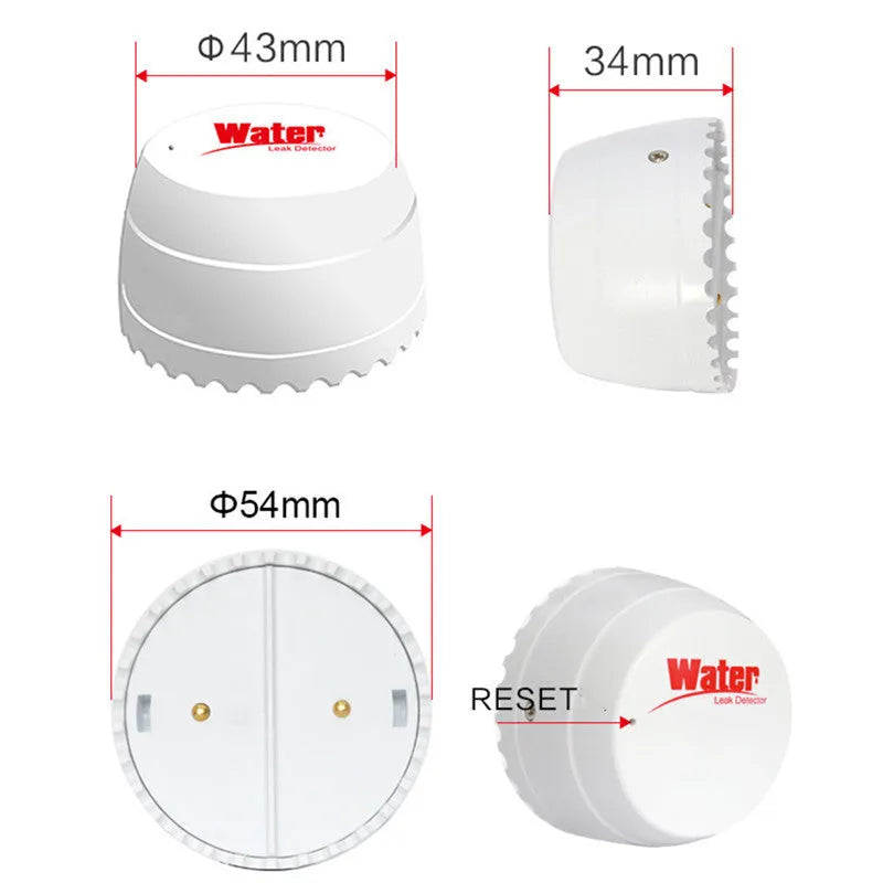 White WiFi smart leakage alarm with buzzer placed on a floor for water overflow detection