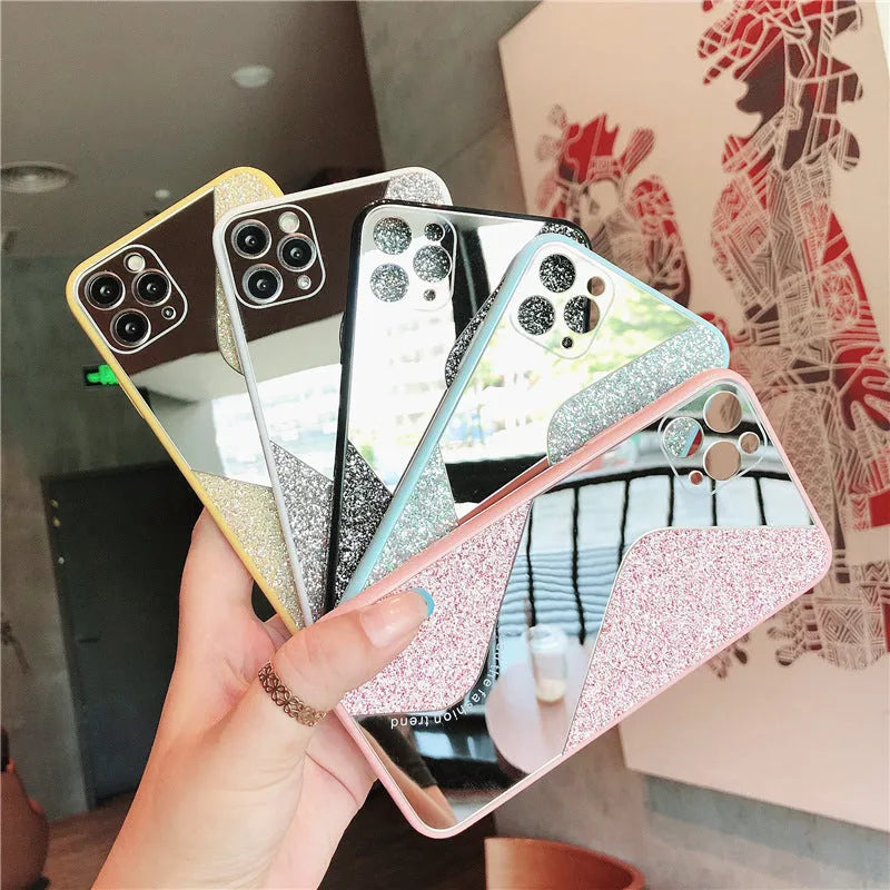 Glitter mirror finish iPhone case with rhinestone decoration on a smartphone