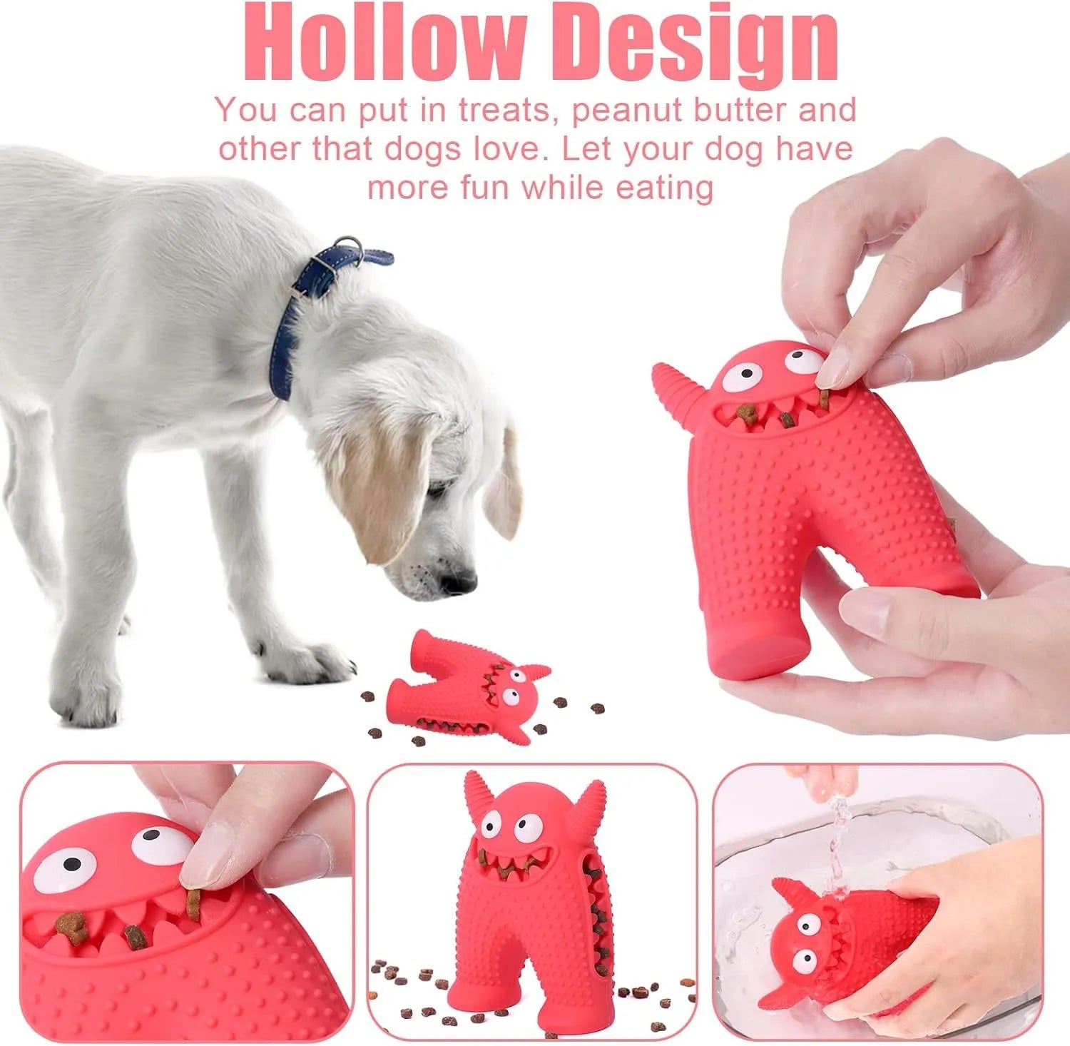 Monster-shaped squeaky dog toy made of natural rubber with tooth slot for cleaning teeth during chew play for small dogs