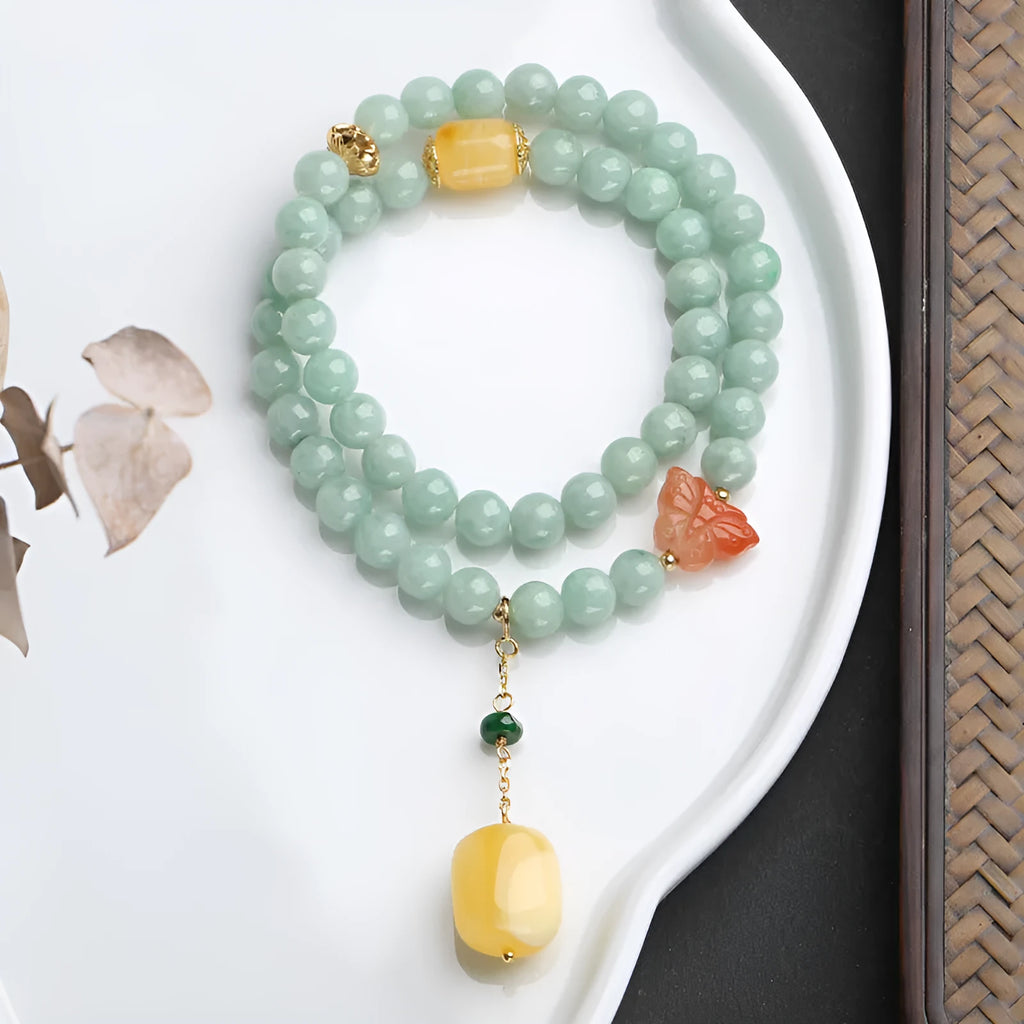 Double-layer women's bracelet with green jade round beads and beeswax barrel beads in retro design