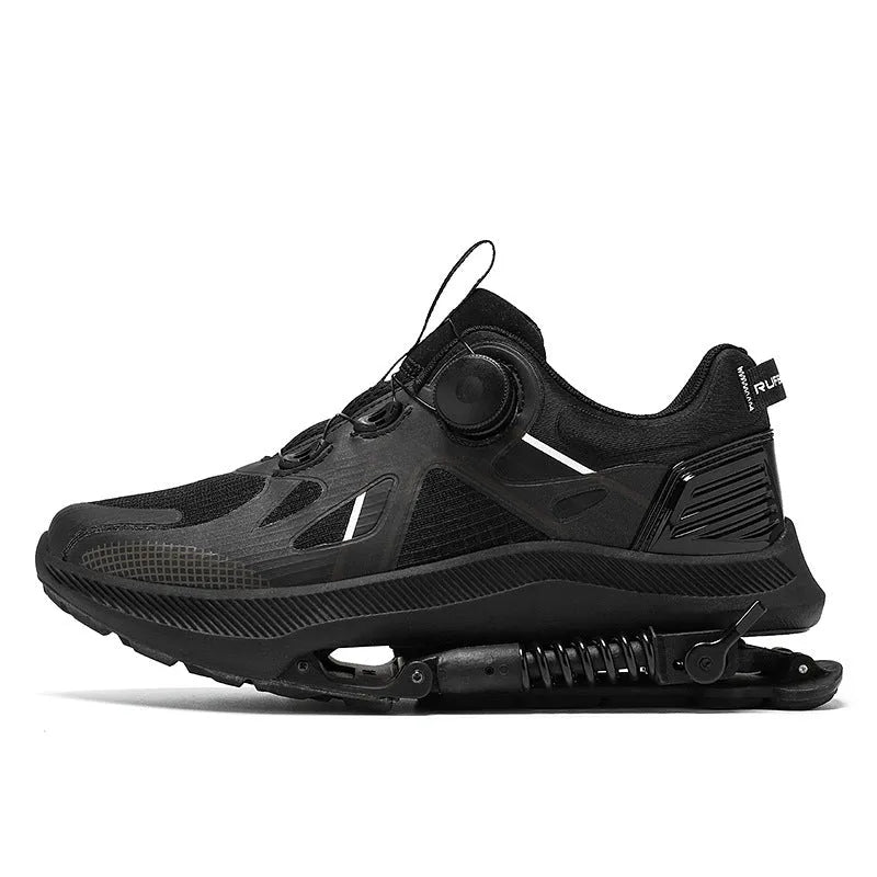Black unisex running shoes with mesh upper, rubber EVA sole, and lace buckle closure.