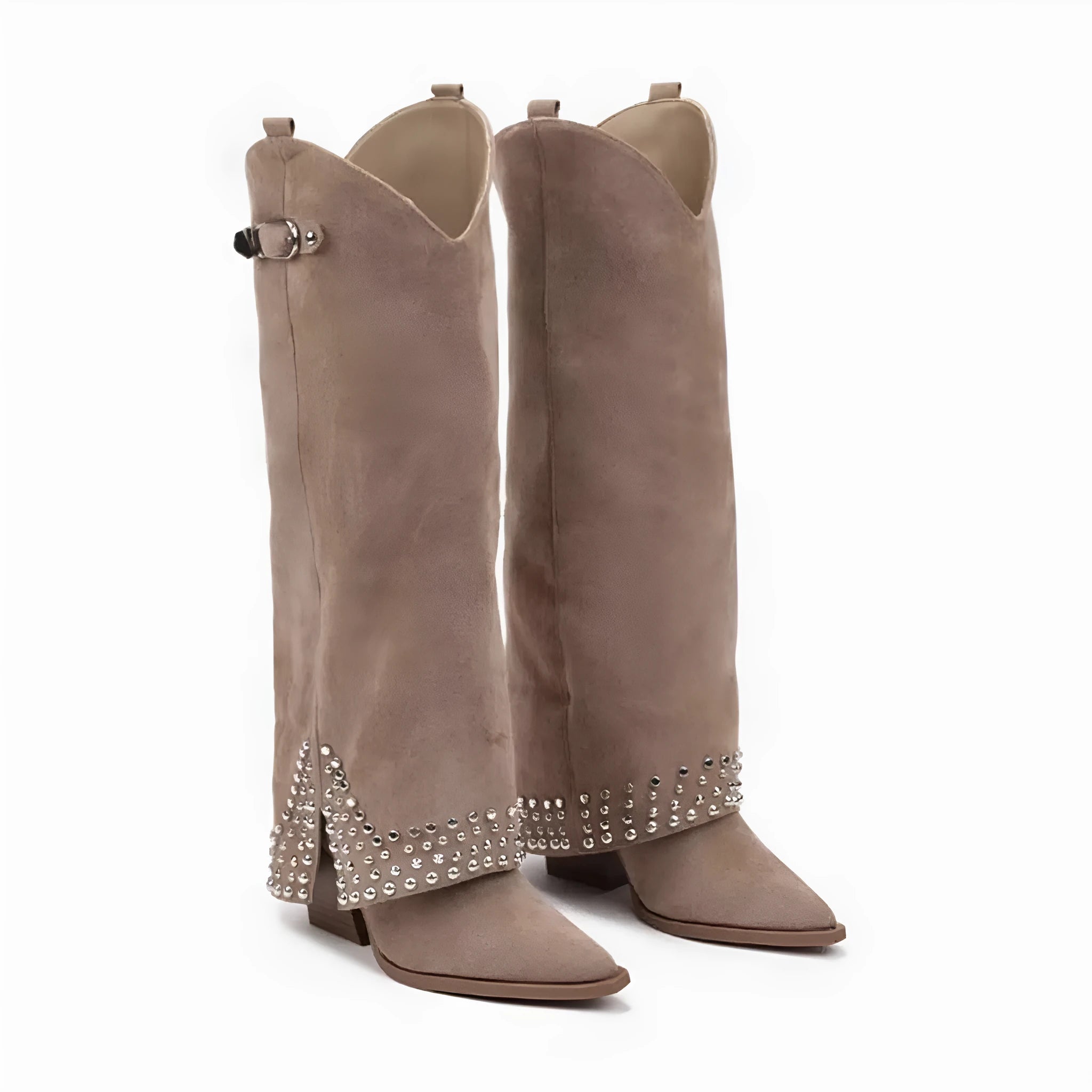 Women's black frosted rivet pantyhose boots with a suede leather upper and rubber sole.