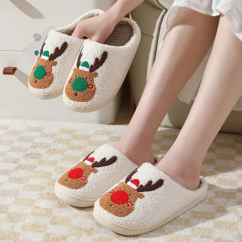 Christmas elk plush house slippers in red and green with anti-slip sole and artificial wool lining