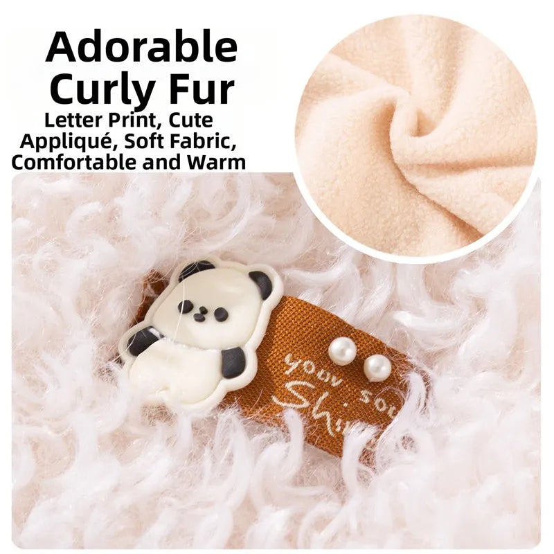 White fluffy lamb wool pet vest with 3D panda patch and "You Shine" tag for small cats and dogs.