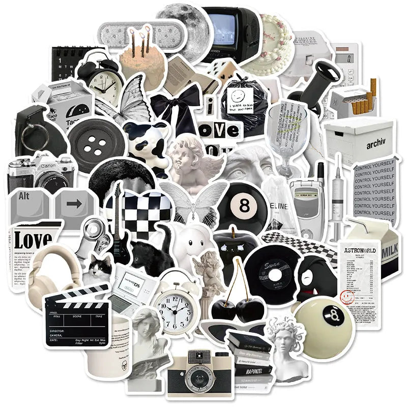 Set of 61 black and white simple style waterproof PVC vinyl stickers for laptops and phones.