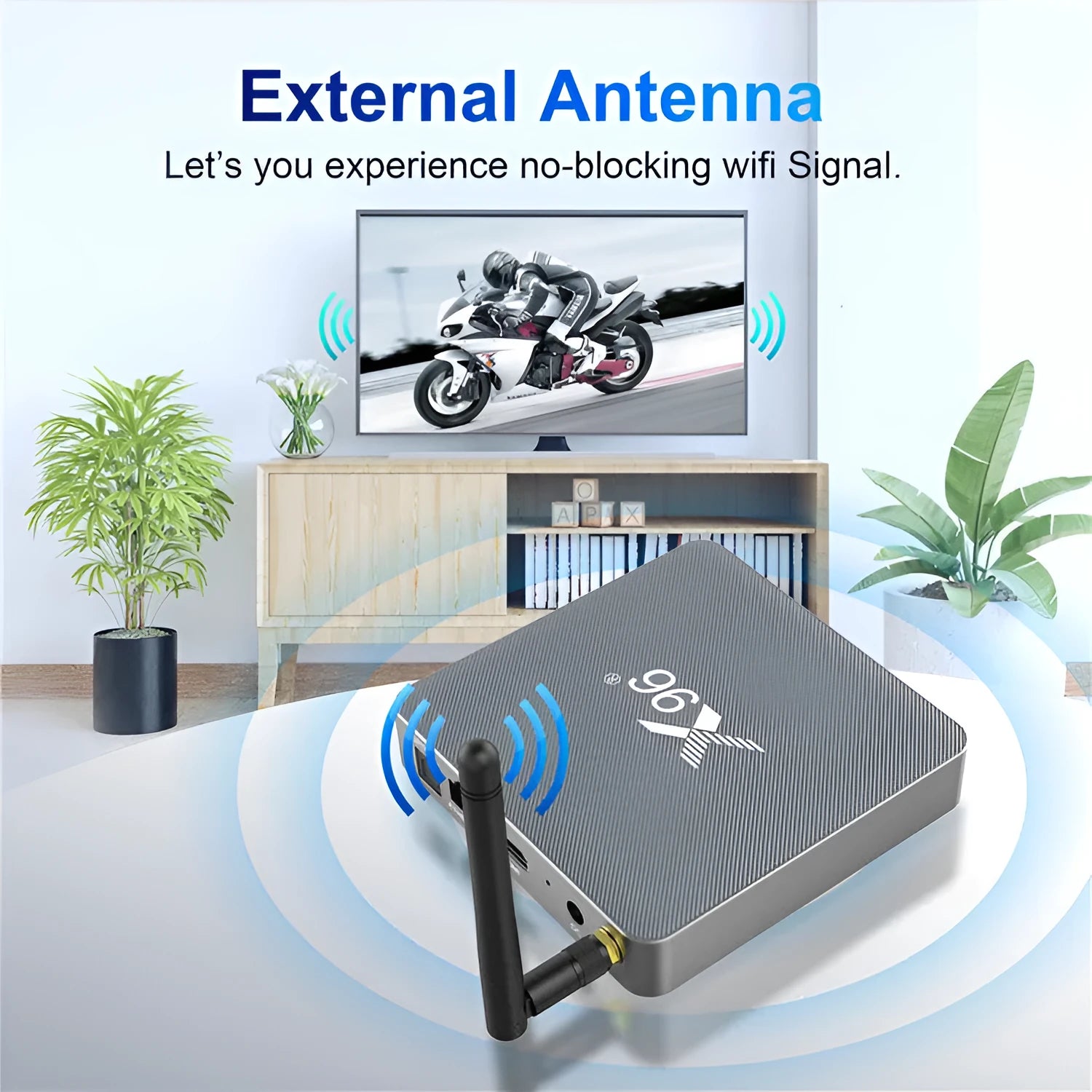 Android Smart TV set-top box with voice remote, HDMI cable, and power adapter on a table.