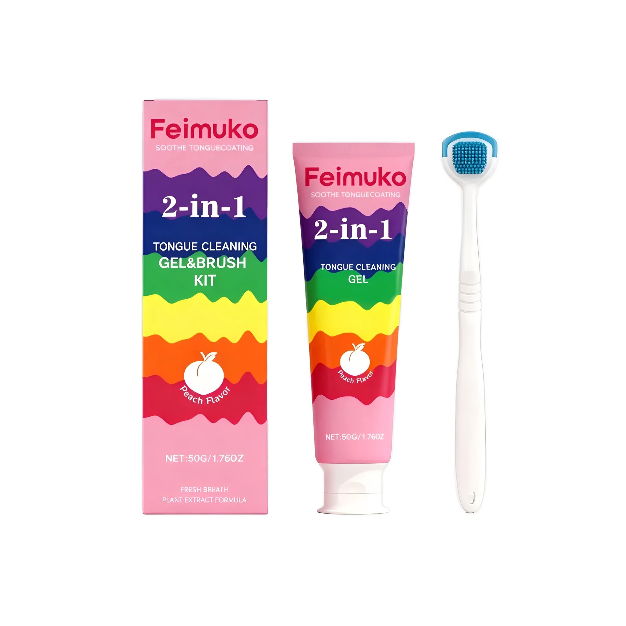 Tongue cleaning gel brush kit with 50g tube and tongue coating brush on white background