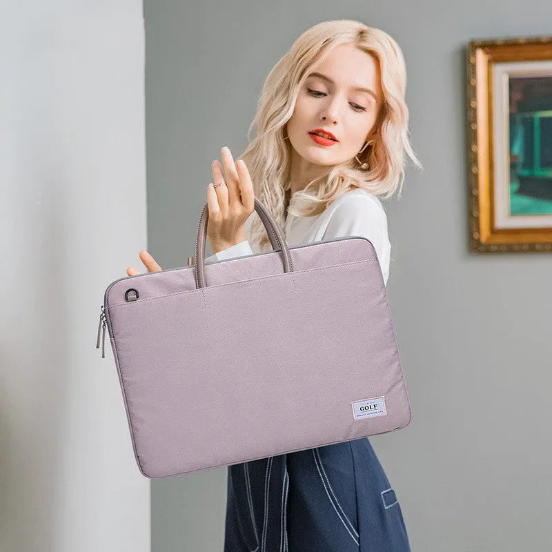 Thin nylon notebook business handbag with zipper closure and soft handle, in dark blue, sized for 15.6 inch laptops