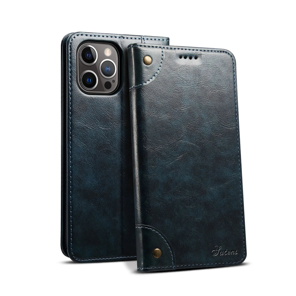 Flip magnetic card holster phone case in black, handmade PU TPU, with bracket, for iPhone 13