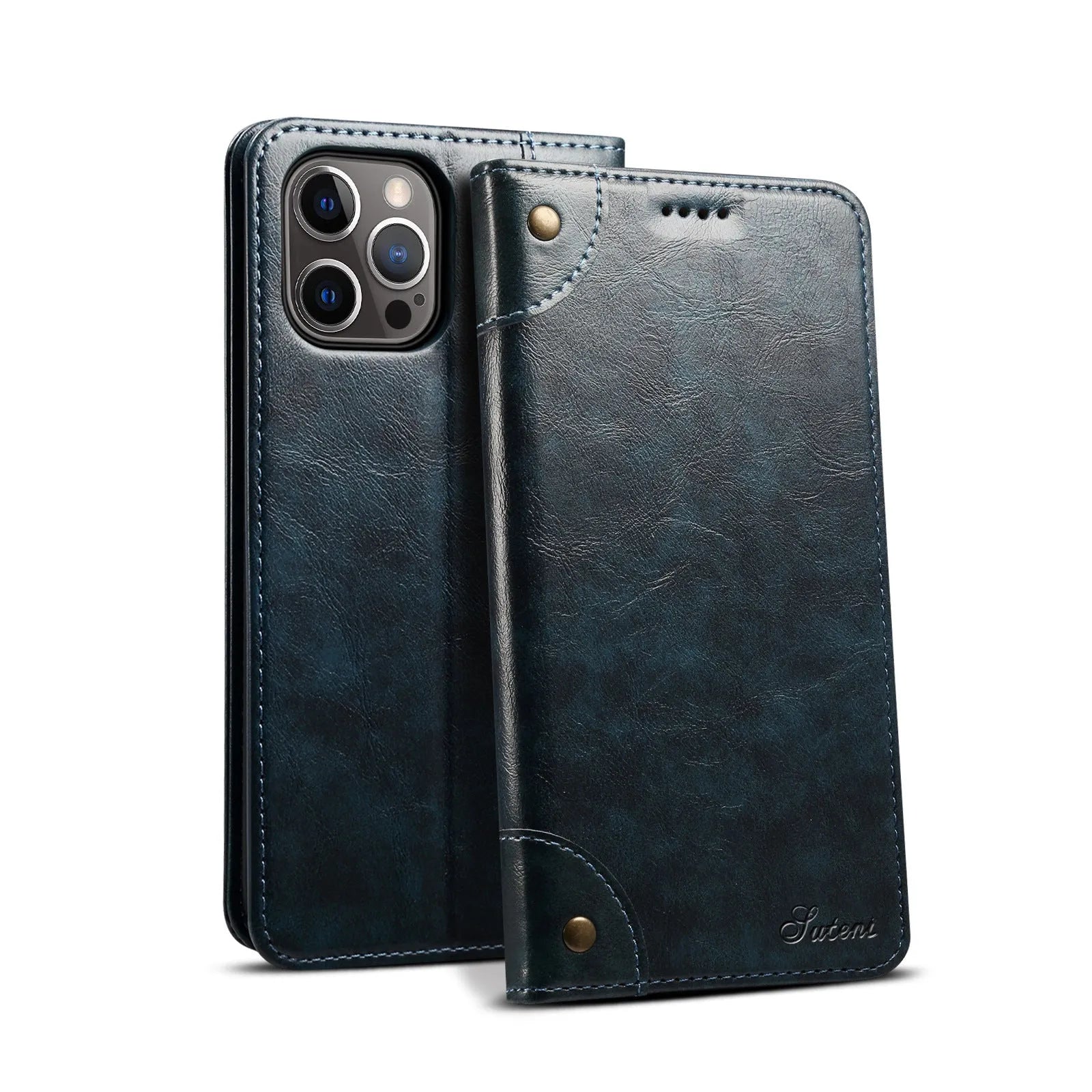 Flip magnetic card holster phone case in black, handmade PU TPU, with bracket, for iPhone 13