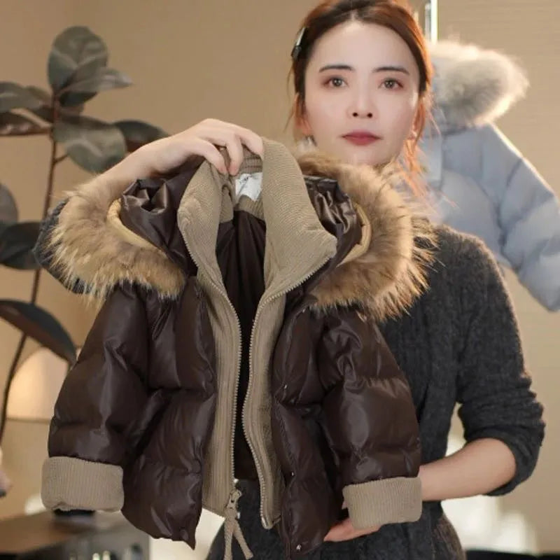 Children's brown fake two-piece winter jacket with polyester fibre padding, available in heights 110cm to 160cm.
