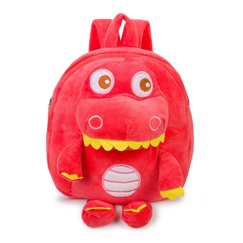 Dinosaur plush backpack for children with embroidered design in blue colour showing soft handle and animal pattern
