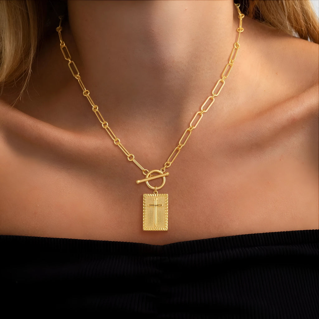 Stainless steel cross necklace with gold square plate electroplated pendant and titanium steel clip chain