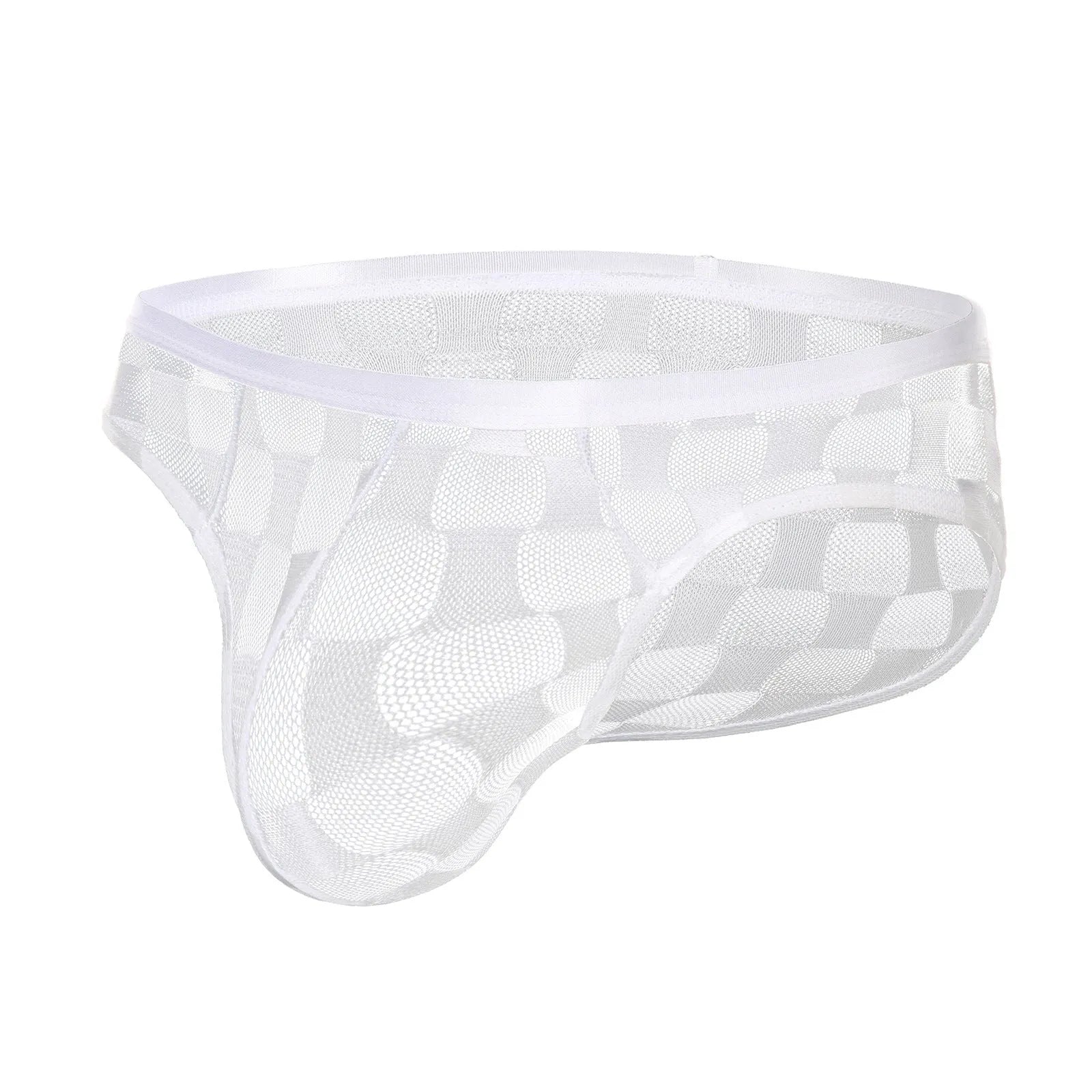 Men's black mesh breathable U-convex plaid underpants briefs with lace nylon fabric