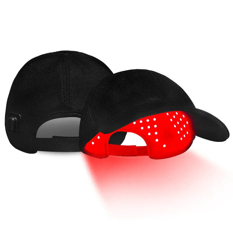 Black duckbill-style infrared hair growth cap with LED lights and a separate controller unit.