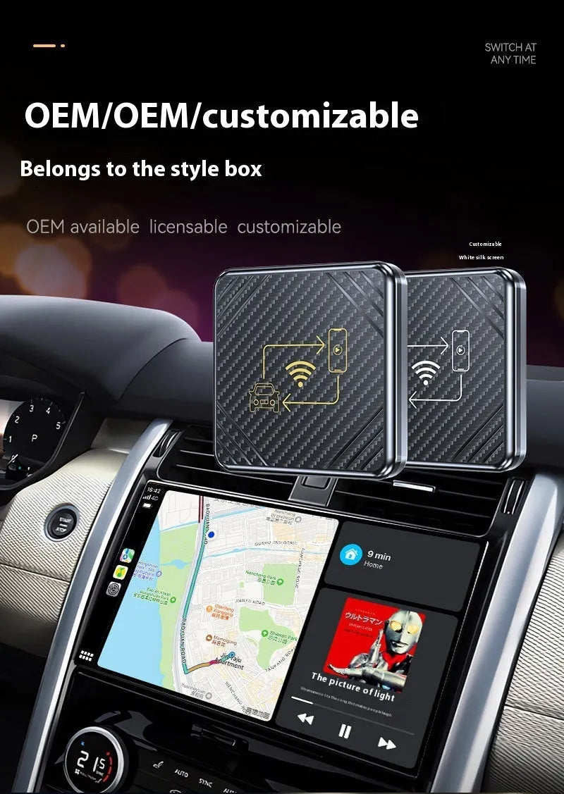 Wireless CarPlay and Android Auto adapter with USB connection and gold or white ABS plastic housing
