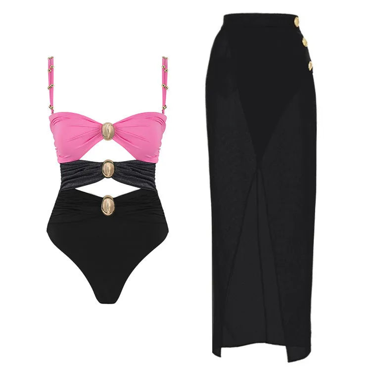 Women's solid colour one-piece swimsuit with a matching skirt in assorted colours