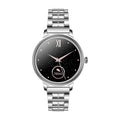 AK38 ladies smartwatch with stainless steel band on a wrist, showing its colour screen display.