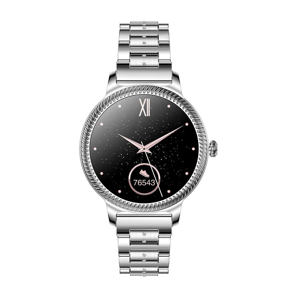AK38 ladies smartwatch with stainless steel band on a wrist, showing its colour screen display.