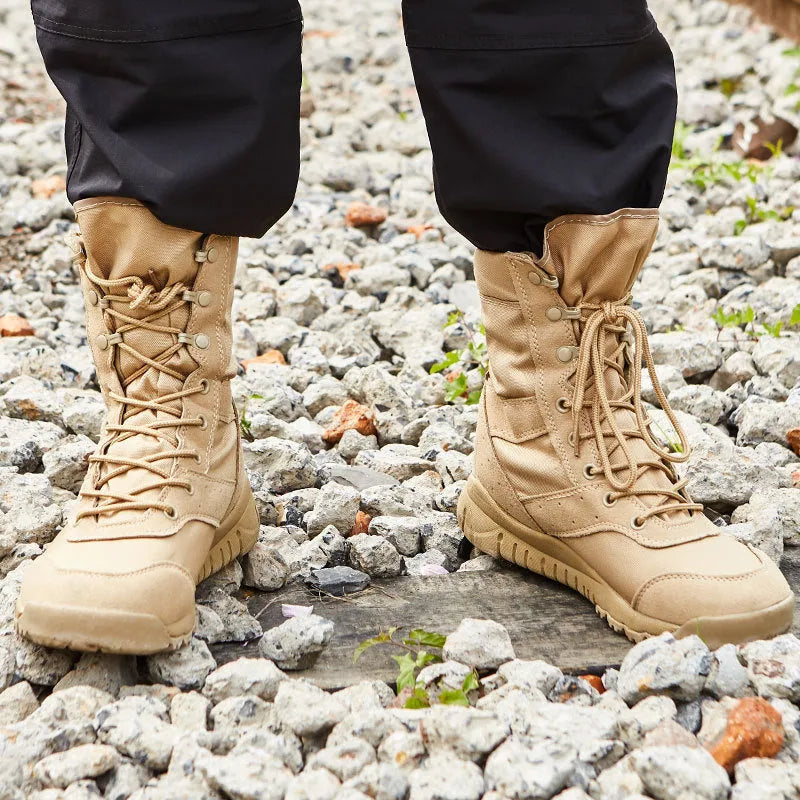 Yulong tactical desert combat boots in black and sand colours for outdoor climbing and hiking