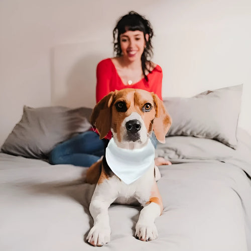 White adjustable polyester dog scarf designed for thermal transfer customisation with four size options