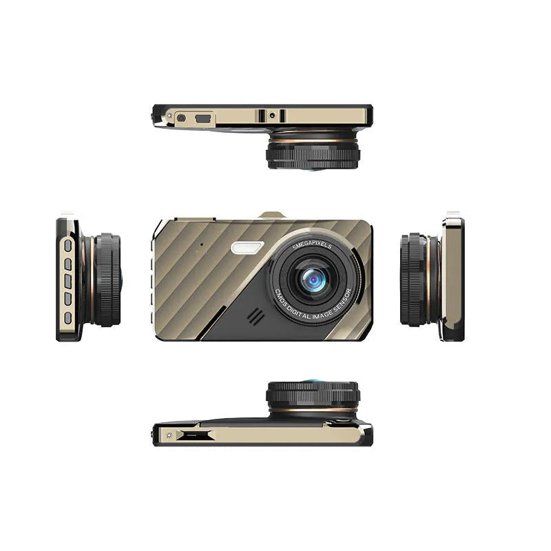 4-inch front and rear dual lens dashcam with touch screen display mounted in vehicle