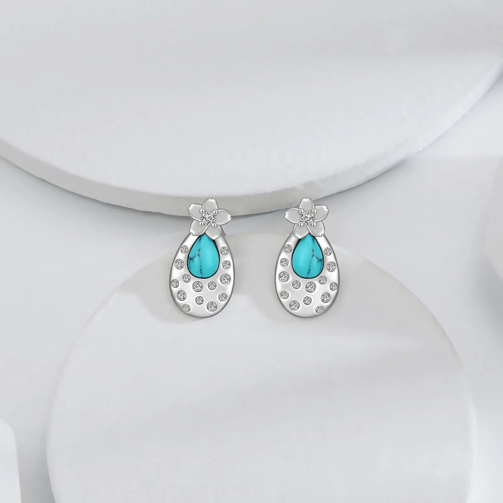 Turquoise cherry blossom 925 sterling silver stud earrings with cubic zirconia, white gold plated