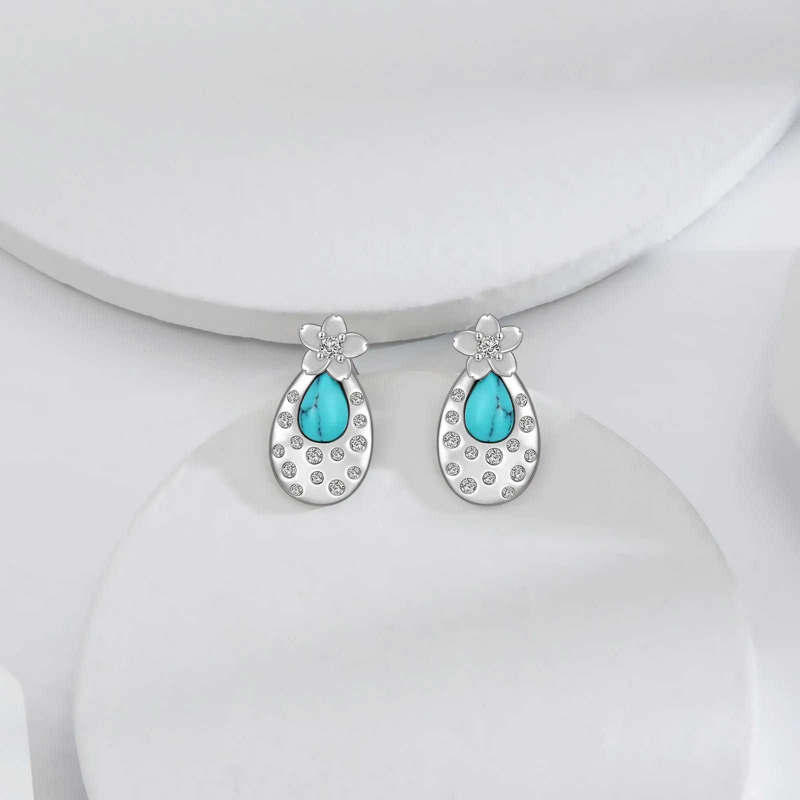 Turquoise cherry blossom 925 sterling silver stud earrings with cubic zirconia, white gold plated