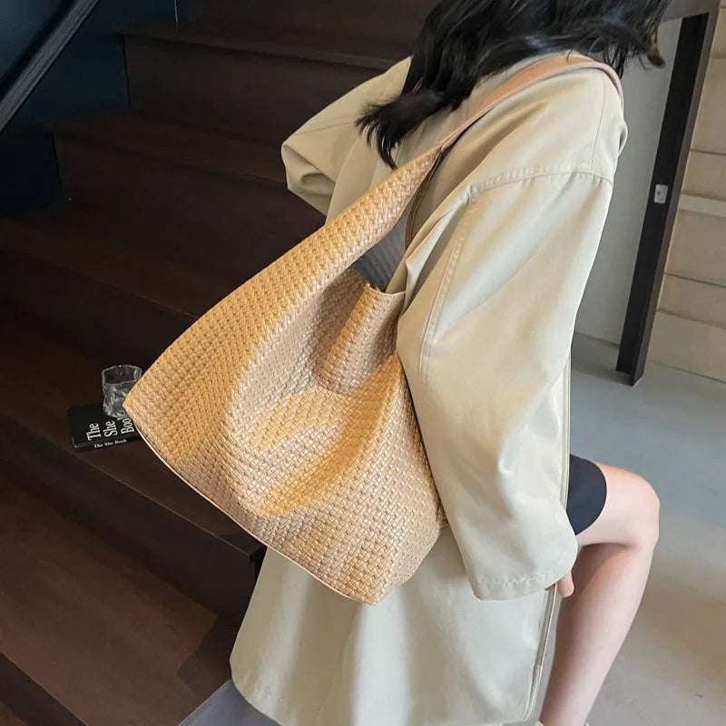 Retro women's woven PU tote bag, medium hard, square vertical shape, 38x42x13cm, olive green colour