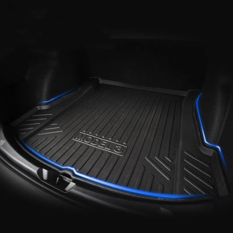 Rubber floor mats with TPE footrest designed for Tesla Model 3, Y, X, and S cars.